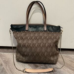 VALENTINO Tote All Over Print Green‎ Beige Crossbody  Zip Top Pocket Large